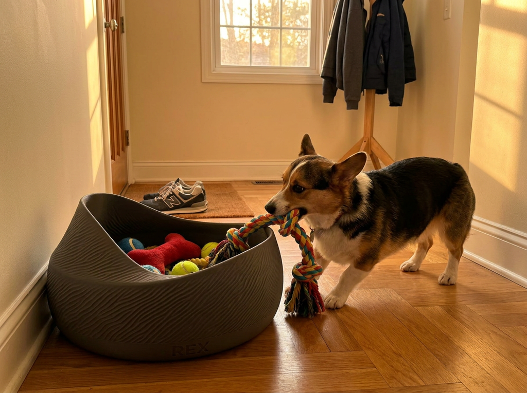 Coșul DUNE pe hol — corgi cu jucăria lui
