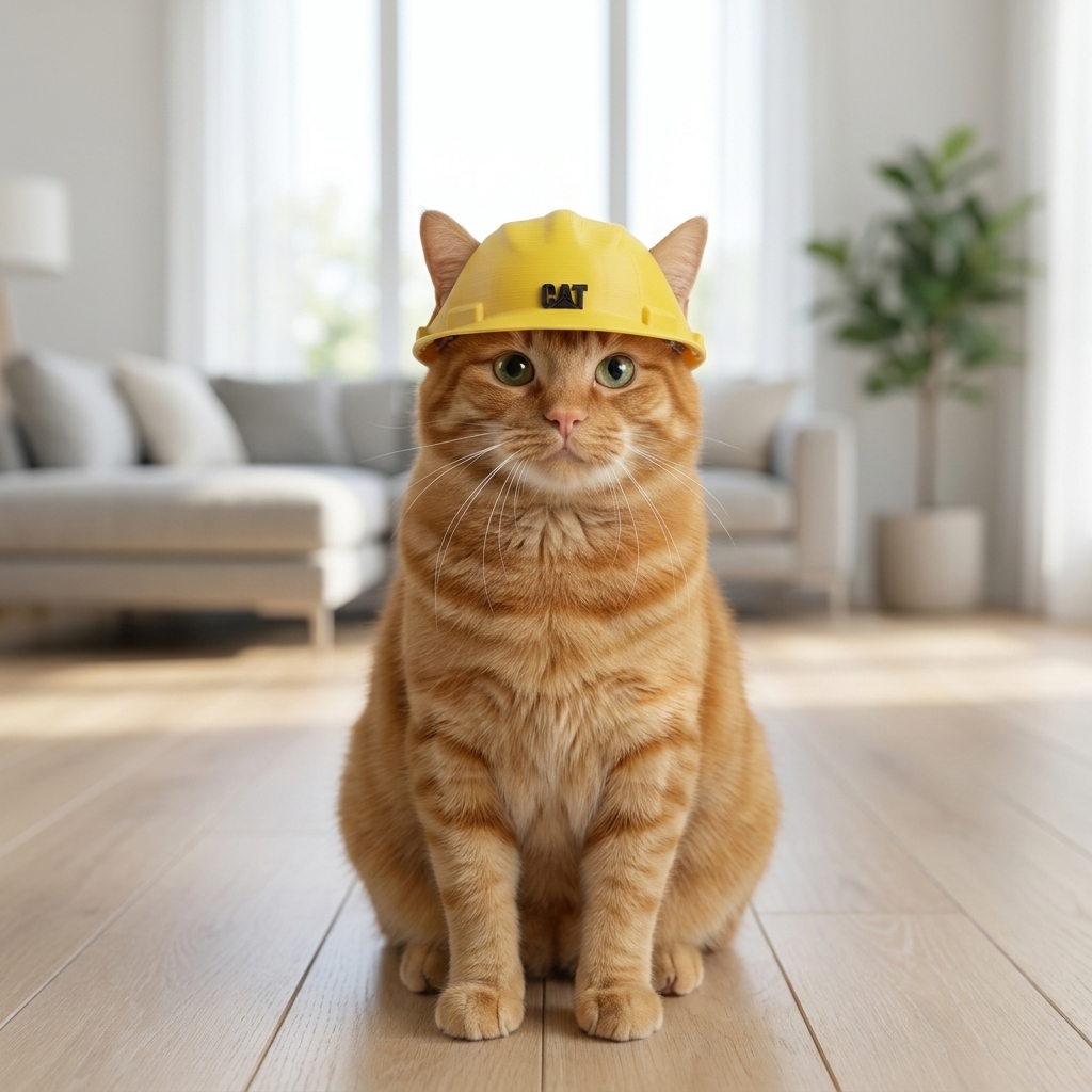 Casca CONSTRUCTOR — galbenă, purtată de o pisică, printată 3D