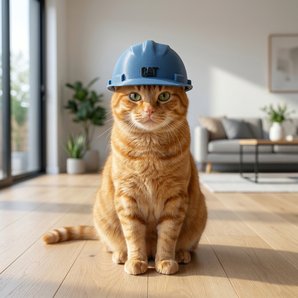 Casca CONSTRUCTOR — Albastru Jeans, purtată de o pisică