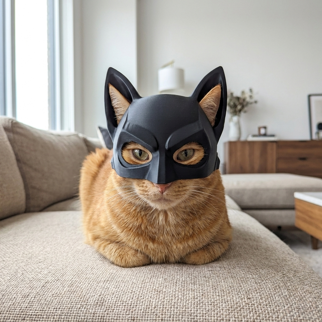 Casca BAT — negru cărbune, design fidel, purtată de o pisică
