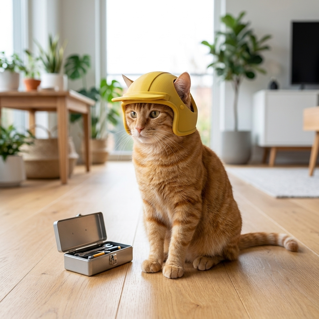 Casca ȘANTIER Mini — hard hat galben, purtată de o pisică