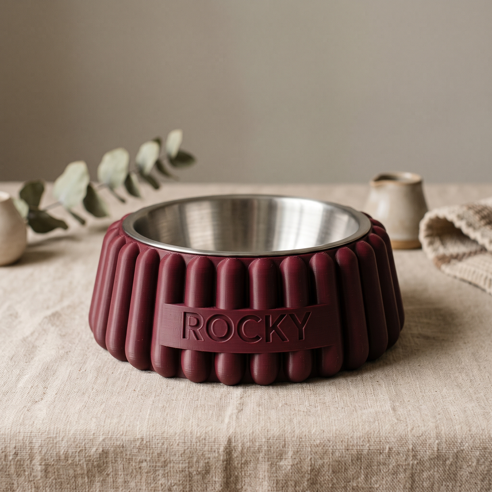 Bolul PLISSE — Burgundy, cu bol de inox și nume personalizat